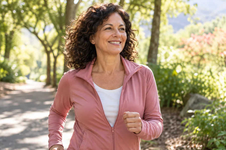 A woman enjoying a morning walk through a leafy park