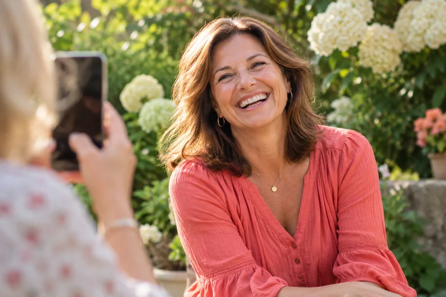 A woman smiling as a friend takes her photo in a garden