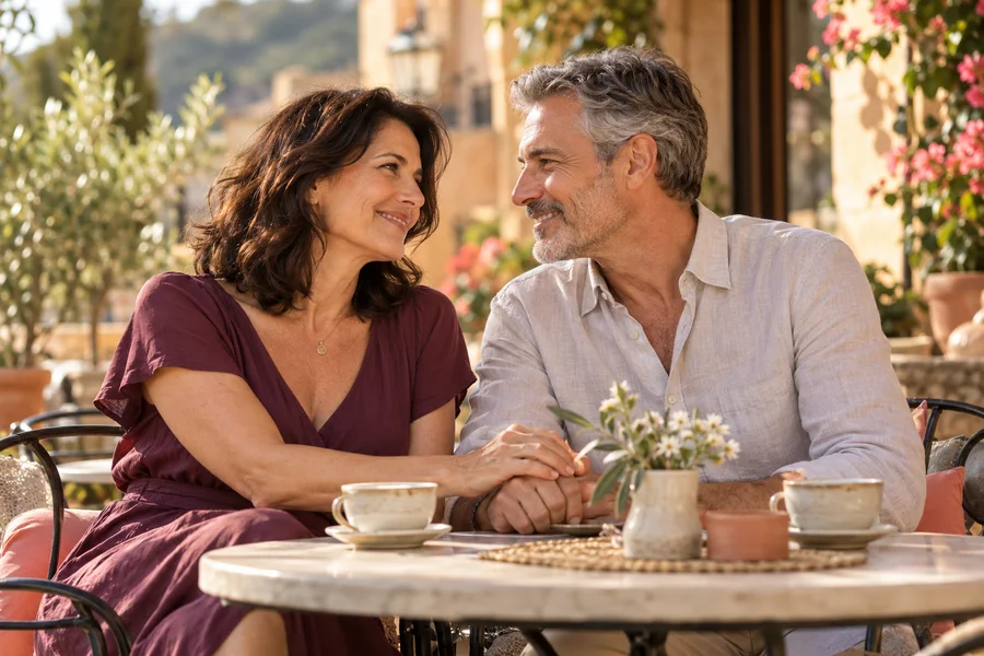 A couple sharing a warm moment together at an outdoor cafe